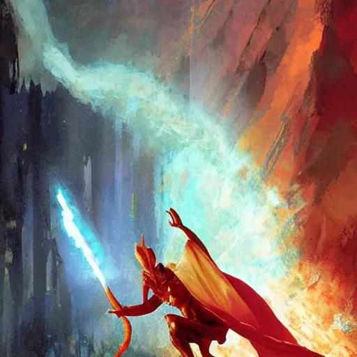 Prompt: Artwork by Craig Mullins, human size mantis mage in white cape casting fireball using a long magic stuff.