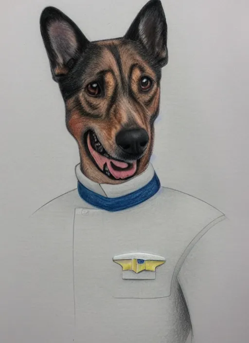 Prompt: detailed colored pencil drawing of an anthropomorphic dog pilot