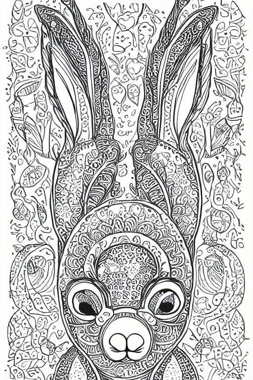 Prompt: bunny head, ornaments, closed shapes, outlines, ink drawing, line art colouring page