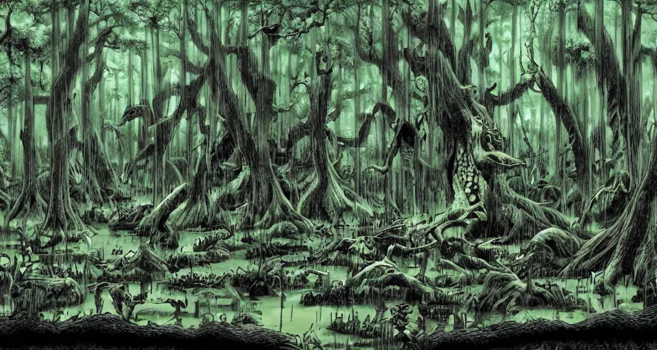 Image similar to A dense and dark enchanted forest with a swamp, by Eiichiro Oda