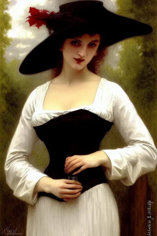 Prompt: victorian vampire in a big hat, white dress, painting by rossetti bouguereau, detailed art, artstation