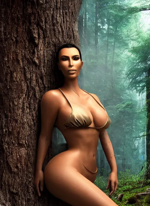 Prompt: alien swallowing kim kardashian, attire: bikini, big bust, backround: forest, fog, uhd, photorealism, realistic, wide shot, full shot.