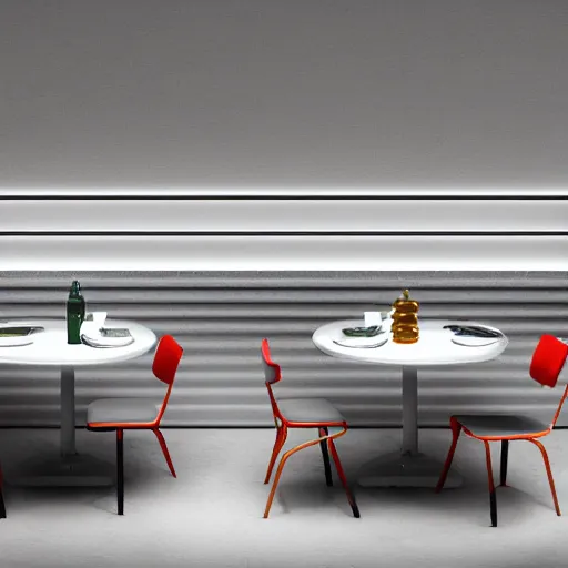 Image similar to three large white glossy kuka industrial robot arms on the floor around a dinner table, they are having dinner inside a fine dining restaurant with mid century modern furniture and decor, global illumination, artstation, fantasy