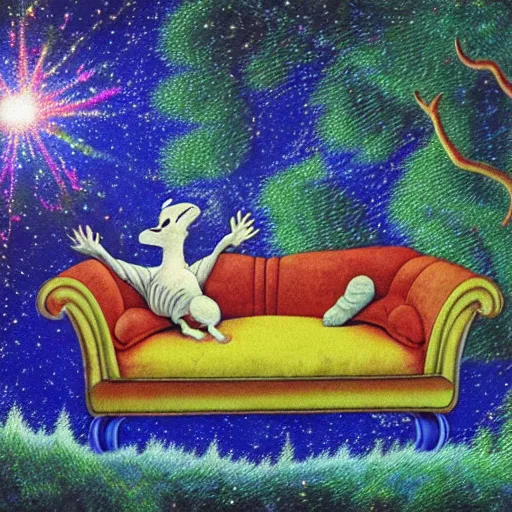 Image similar to psychedelic couch sofa in the pine forest, goose, milky way, designed by moebius, rob gonsalves, gustav dore, giuseppe arcimboldo and carl barks, louis wain, trending on artstation, canada, star, sharp focus, colorful refracted sparkles and lines, soft light, 8 k 4 k