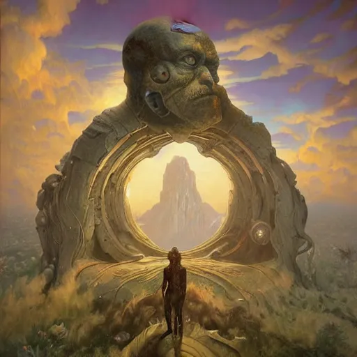 Image similar to Esao Andrews, scifi landscape, hyperrealistic surrealism, award winning masterpiece with incredible details, epic stunning, infinity pool, a surreal vaporwave liminal space, highly detailed, trending on ArtStation, artgerm and greg rutkowski and alphonse mucha, daily deviation, IAMAG, broken giant marble head statue ruins, golden hour