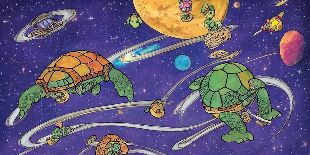 Image similar to 🐢🗺 great a'tuin flying through space carrying discworld by kirby