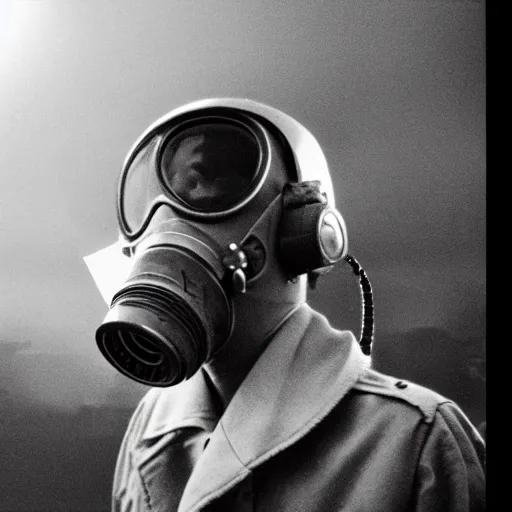 Image similar to a pilot wearing a gasmask, salute, red sun above, film still, arriflex 3 5, cinematic