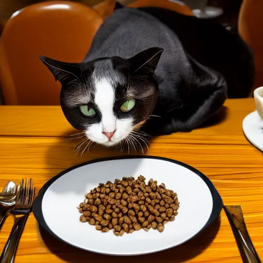 Image similar to A photo of a cat wearing a suit sitting in a fancy and expensive gourmet restaurant and eating a plate of cat food. f/2.8, dim lighting, award winning photo