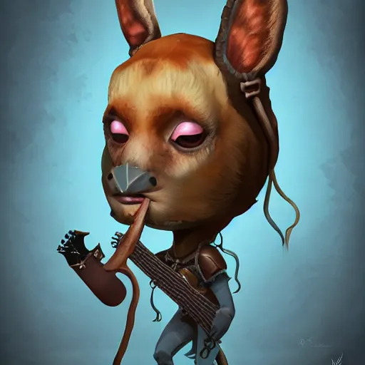 Prompt: a digital painting of a fawn wearing a mask playing a guitar, young handsome pale roma, grim dark satyr from gwent cards, a character pan portrait by senior character artist, polycount, vanitas, sketchfab, speedpainting, zbrush