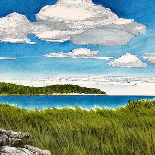 Image similar to shore of the Bruce Peninsula on an overcast day, looking out on the lake from the shore, beautiful illustration