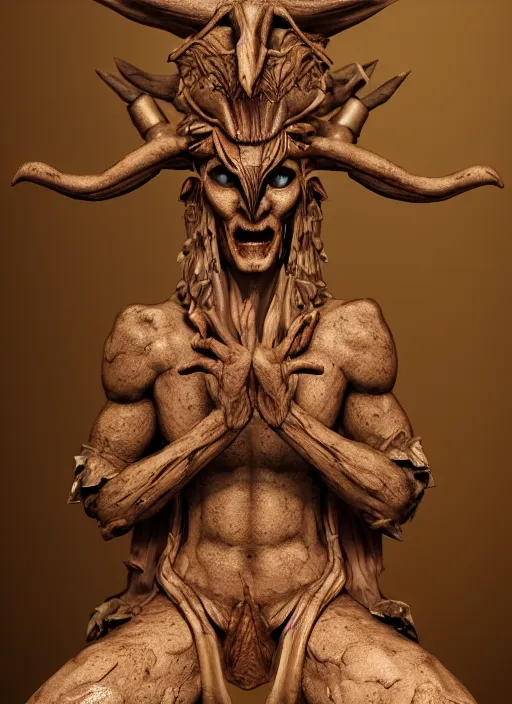 Prompt: an octane render of a ritualistic demon statuette, made of wood and ivory, volumetric lighting, beautiful design, hd render,