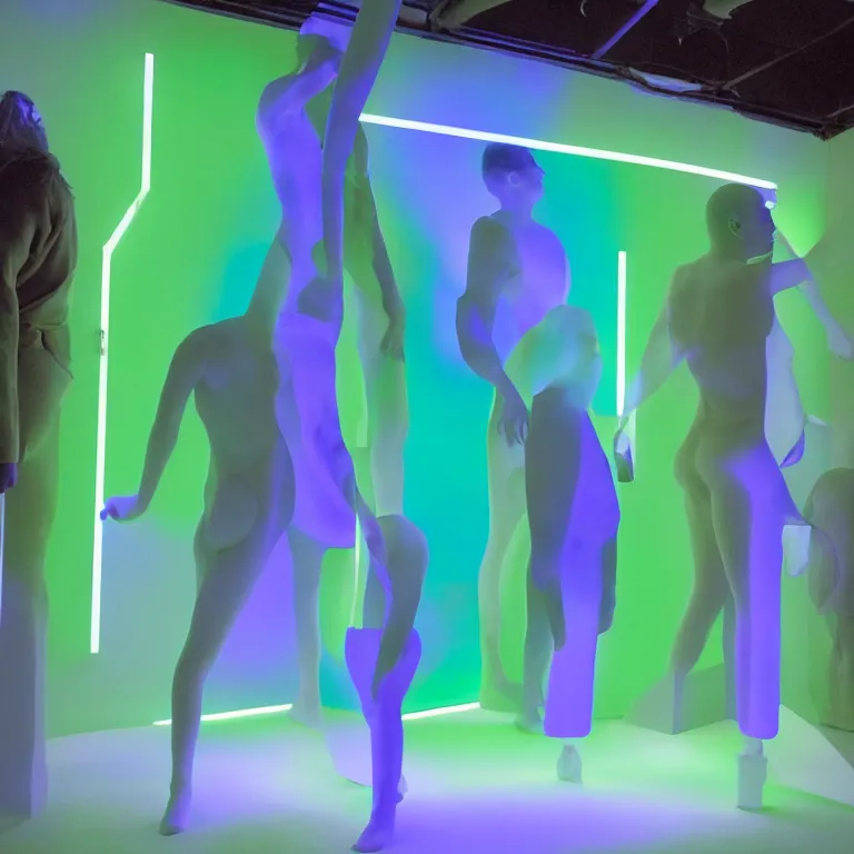 Image similar to conceptual artist performance of'blue and green'gradient colors light projection onto a few giant human torsos in a cramped art gallery by james turrell, high contrast hyperrealism trending on arstation 8 k