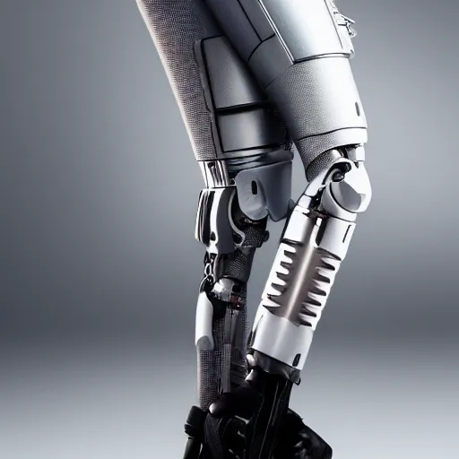Image similar to full body portrait of Margot Robbie as a cyborg with robotic prosthetic arms and legs, 4k, hyperdetailed, photorealist, DSLR photograph