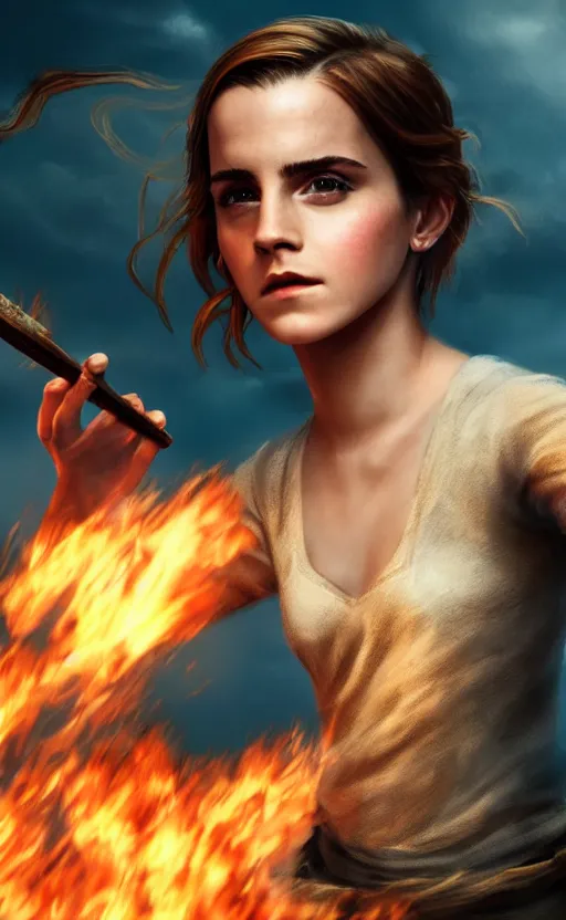 Image similar to Emma Watson casting a fire spell. Digital art trending on artstation. 4k. Indie videogame light.