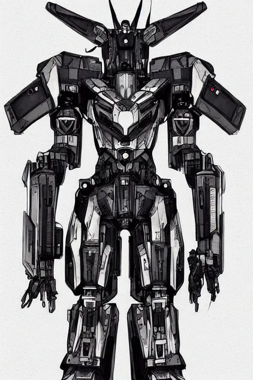 Prompt: very symmetrical!! full body illustrations of mecha, pen and ink, moderately detailed, concept art, armored core aesthetic, artstation, deviantart, pinterest