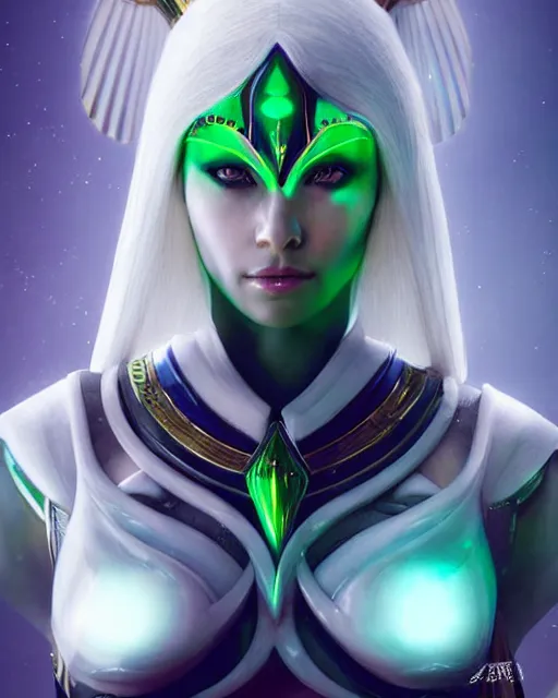 Image similar to perfect white haired attractive egyptian goddess, warframe armor, pharaoh headdress, beautiful, symmetric, dreamy, half asian, pretty face, green eyes, charlize theron, detailed, scifi platform, laboratory, experiment, 4 k, ultra realistic, epic lighting, android body, illuminated, cinematic, masterpiece, art by akihito tsukushi, voidstar