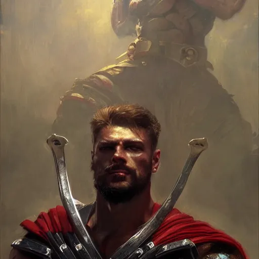 Prompt: handsome portrait of a spartan guy bodybuilder posing, radiant light, caustics, war hero, crimson cape, metal gear solid, by gaston bussiere, bayard wu, greg rutkowski, giger, maxim verehin