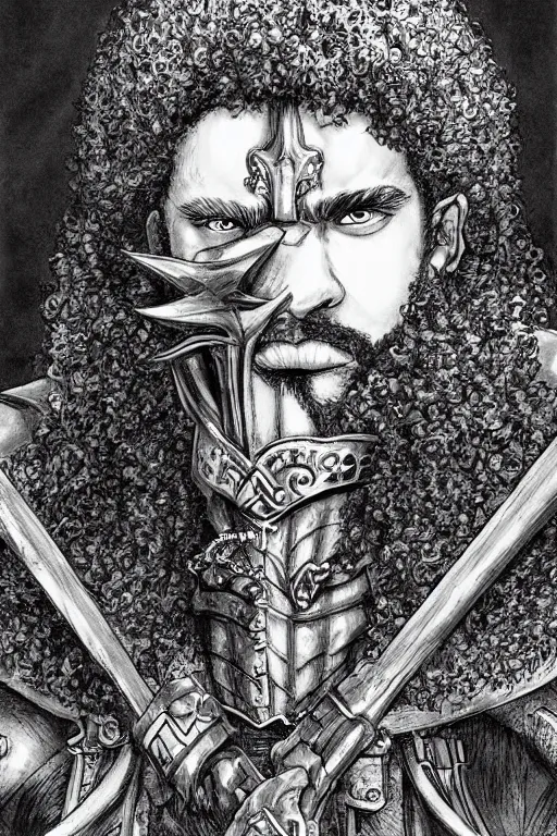 Image similar to black man with afro hair and raspy beard stubble as a knight, highly detailed, anatomically correct, black and white, manga, art by kentaro miura