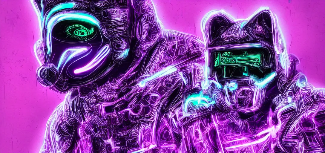 Prompt: Nlack Panter mask, neon purple, cyberpunk, digital art, very detailed, high quality