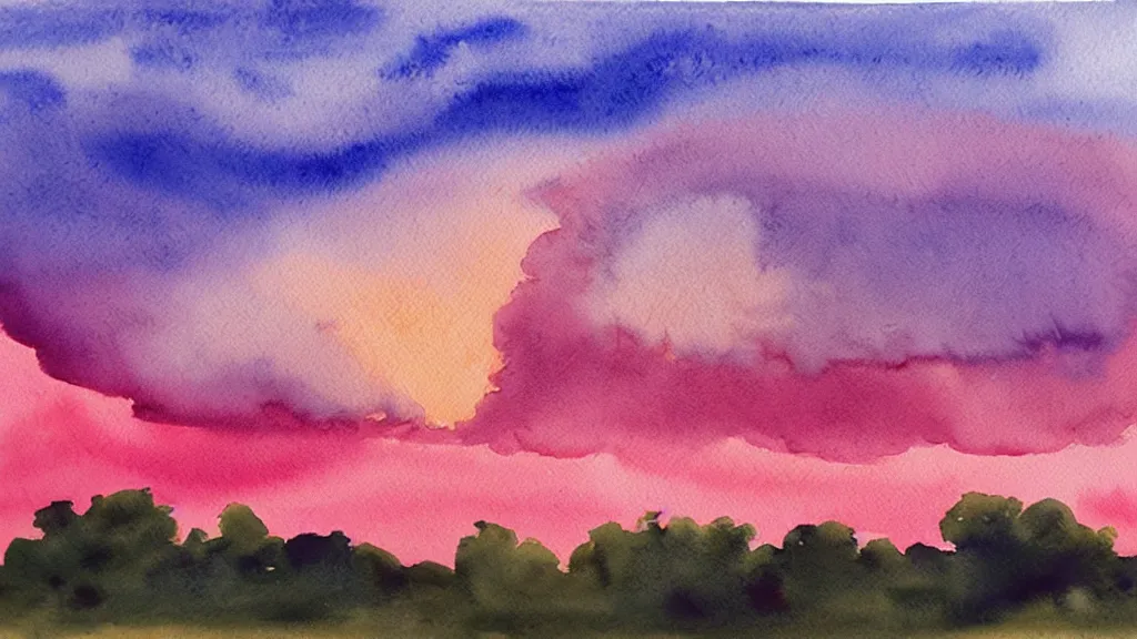 Prompt: watercolor of a big cumulonimbus cloud on a pink sunset