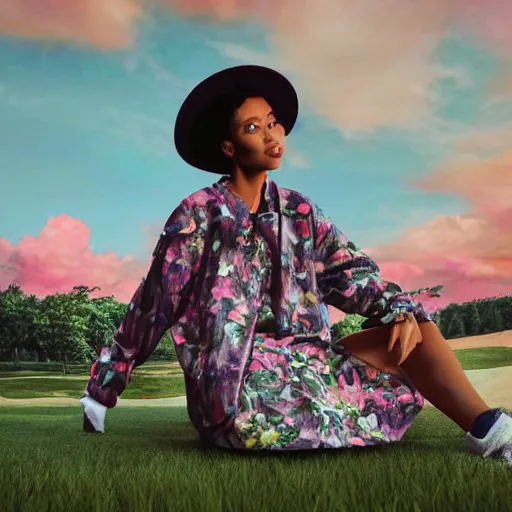 Image similar to a photoshoot for a yeezy x golf le fleur collaborative fashion line, 8 k concept art, detailed, pink skies, vintage, dreamy, earthy