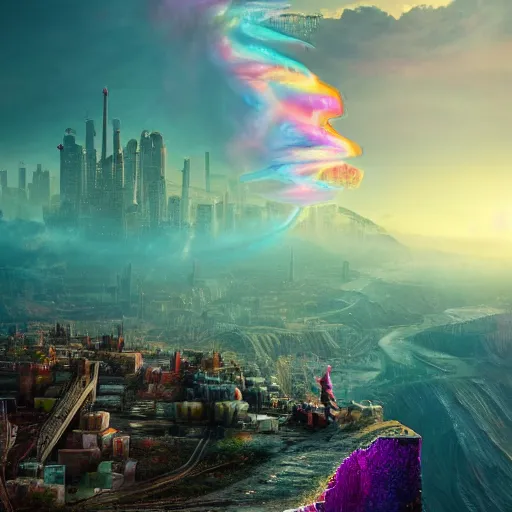 Image similar to a iridescent unicorn on a cliff overlooking a dystopian city covered in colorful toxic smog, ultra realistic, concept art, intricate details, highly detailed, photorealistic, octane render, 8 k, fantasy art, masterpiece