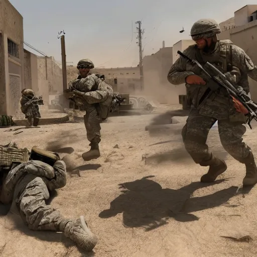 Image similar to Photo of a US Army platoon fighting terrorists on the Dust 2 real-life map, very high quality, hyper realistic 4k