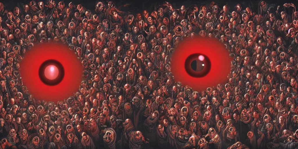 Image similar to a single blood - red eyeball is in the center of the picture, surrounded by apostles of god, 4 k resolution, by miura kentaro, ultra detailed,