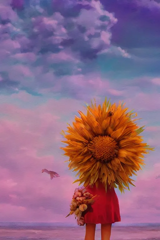 Prompt: closeup, giant flower head, girl on beach, surreal photography, wind and cold, dramatic sky, impressionist painting, digital painting, artstation, simon stalenhag