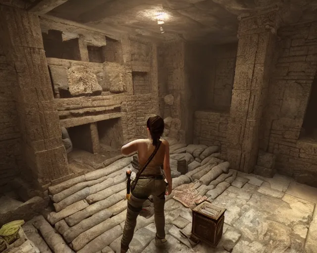 Prompt: screenshot of tomb raider and uncharted and indiana jones videogame ps 5 in an ancient undiscovered room with a chest full of ingots and gems and precious, concept art, architecture design, pyramids style, rtx, nvidia, renderer, stunning graphics