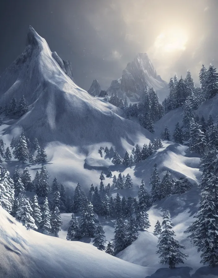 Prompt: epic mountain with snow by aaron westwood, concept art, trending on artstation, photorealistic, cinematographic, epic lighting,