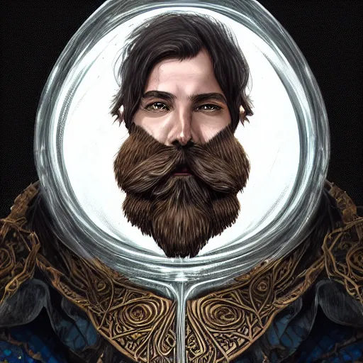 Prompt: a portrait of beard magician in glass armor releasing spell, full height, moving forward, concept art, trending on artstation, highly detailed, intricate, sharp focus, digital art, 8 k