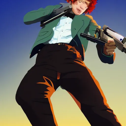 Prompt: ed sheeran as spike spiegel from cowboy bebop, holding a gun like james bond, by ilya kuvshinov, rob rey, giuseppe dangelico pino, cinematic, 4 k, realistic, wide angle lens. 8 k, hyperdetailed, precise, low - lighting