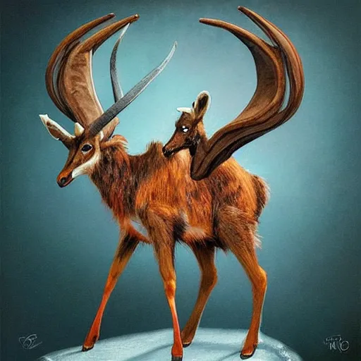 Image similar to “Antelope taxidermy mount that has come to life, happy character, fantastical beast, creature, D&D, fantasy, intricate, cinematic lighting, highly detailed, digital painting, artstation, concept art, smooth, sharp focus, illustration, art by Artgerm and Greg Rutkowski and Alphonse Mucha”