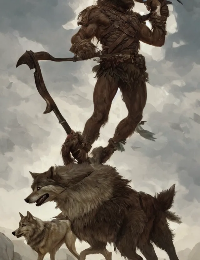 Image similar to portrait of a gruff ranger holding a spear, accompanied by a wolf dog, muscular, upper body, hairy body, D&D, fantasy, intricate, elegant, highly detailed, digital painting, artstation, concept art, matte, sharp focus, illustration, art by Artgerm and Greg Rutkowski and Alphonse Mucha