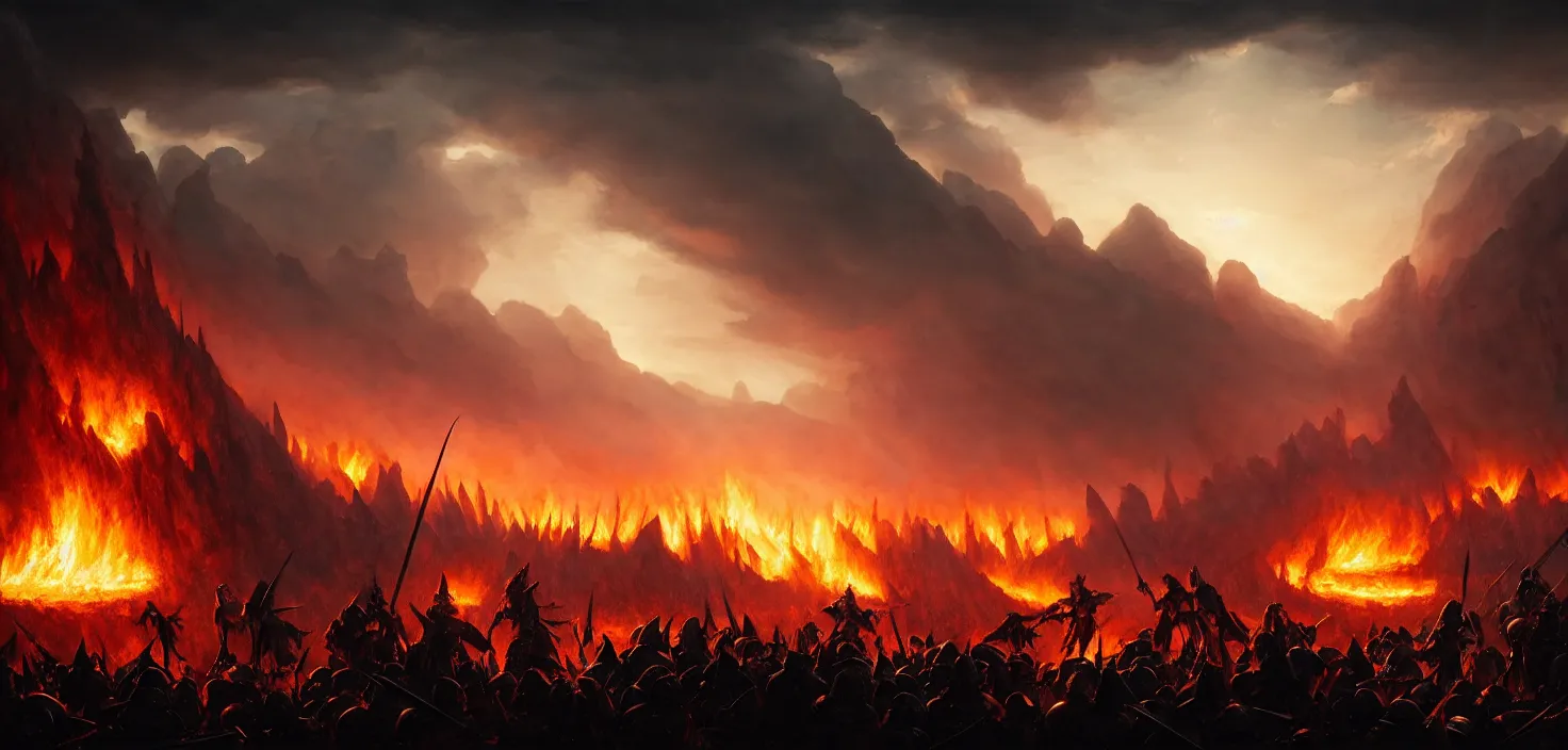 Prompt: fantasy medieval battle of the warriors of good and evil. battlefield is on fire, deadly battle of ice and flame, cinematic view, epic sky, detailed, concept art, low angle, high detail, warm lighting, volumetric, godrays, vivid, beautiful, trending on artstation, by jordan grimmer, huge scene, grass, art greg rutkowski