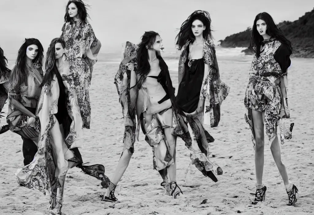 Image similar to fashion editorial in front of tsunami, on the beach.