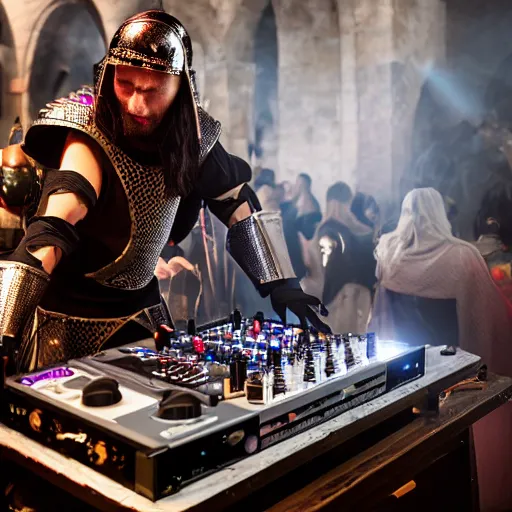 Image similar to photograph of a dubstep dj in holy knight armor djing during a medieval party, 8 k resolution, high detail