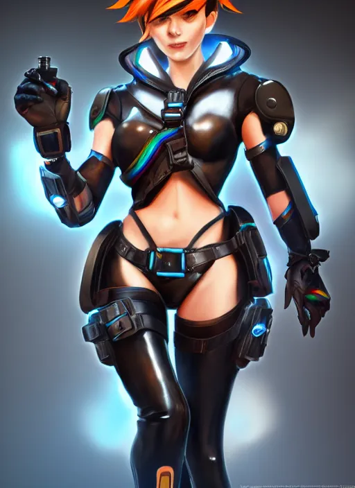 Image similar to full body digital artwork of tracer overwatch, wearing black iridescent rainbow latex, 4 k, expressive happy smug expression, makeup, in style of mark arian, wearing detailed black leather collar, wearing sleek armor, black leather harness, detailed face and eyes,