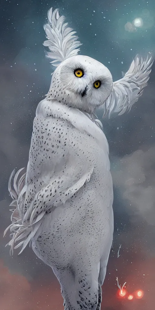 Image similar to portrait of a geometric snowy owl, identical eyes, medium shot, illustration, full body made of white feathers, lily flower quebec flag, symmetrical, art stand, super detailed, cinematic lighting, and its detailed and intricate, gorgeous, by peter mohrbacher