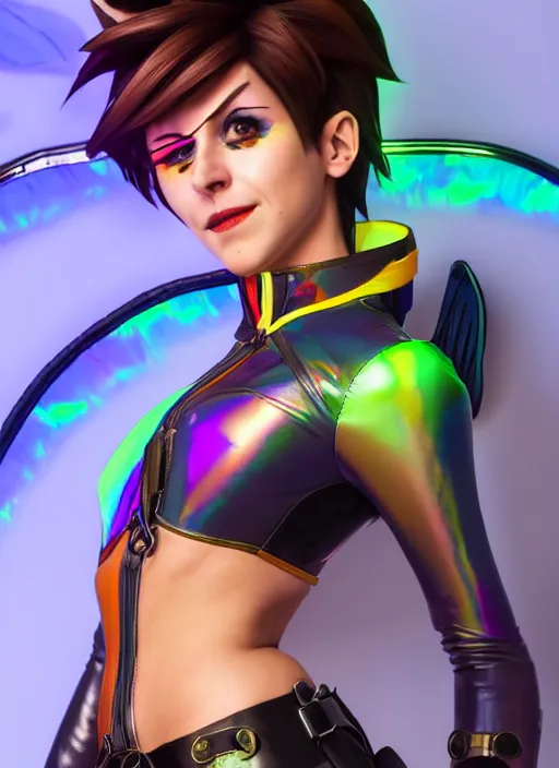 Image similar to portrait bust digital artwork of tracer overwatch, wearing iridescent rainbow latex and leather straps catsuit outfit, 4 k, expressive happy smug expression, makeup, in style of mark arian, angel wings, wearing detailed leather collar, chains, black leather harness, detailed face and eyes,
