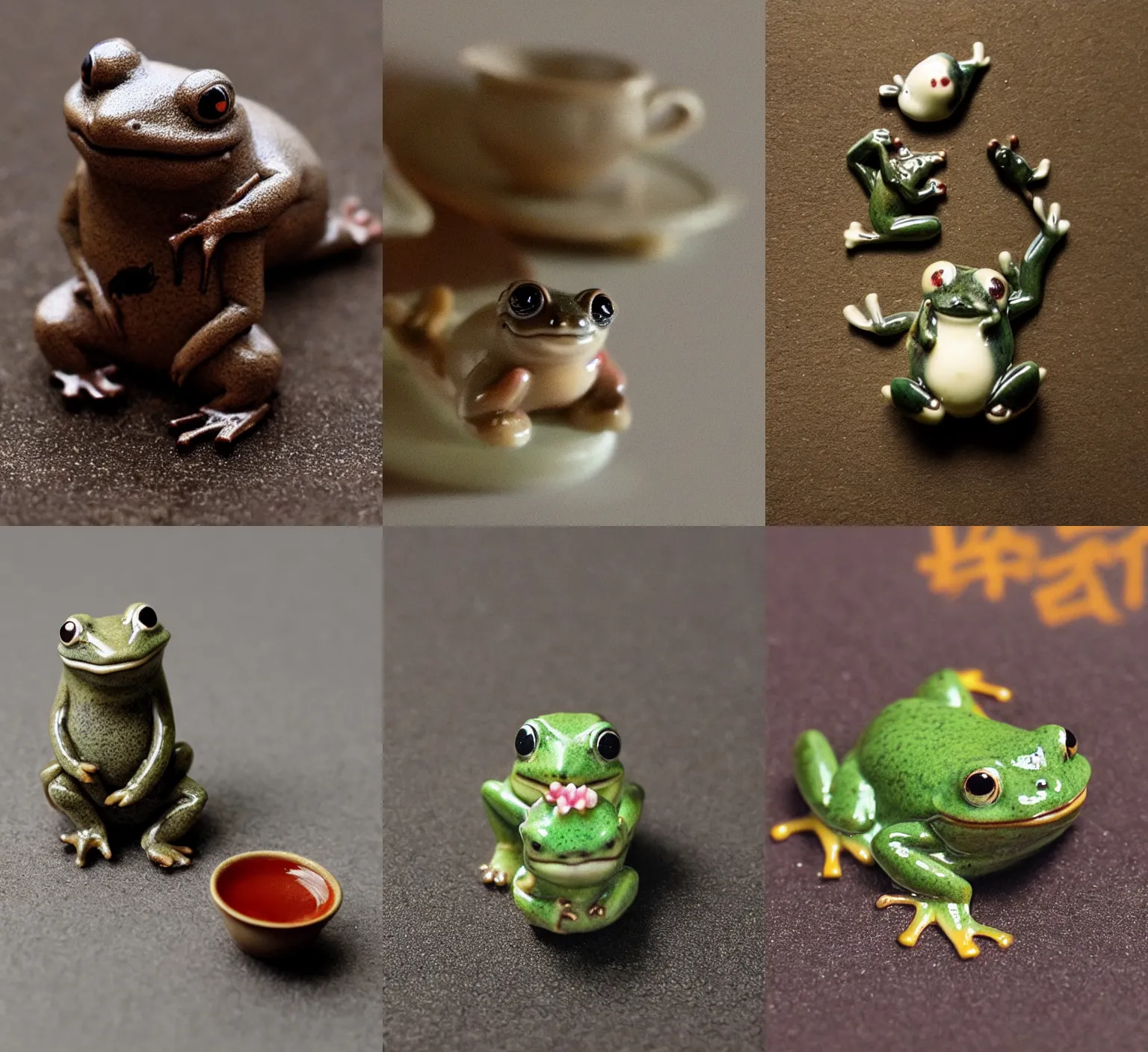 Prompt: tiny tea frog ceremony ceramic character, cute, style, macro, realistic, dark, photo, night lights, hyperdetailed, chinese, wet, tea leaf