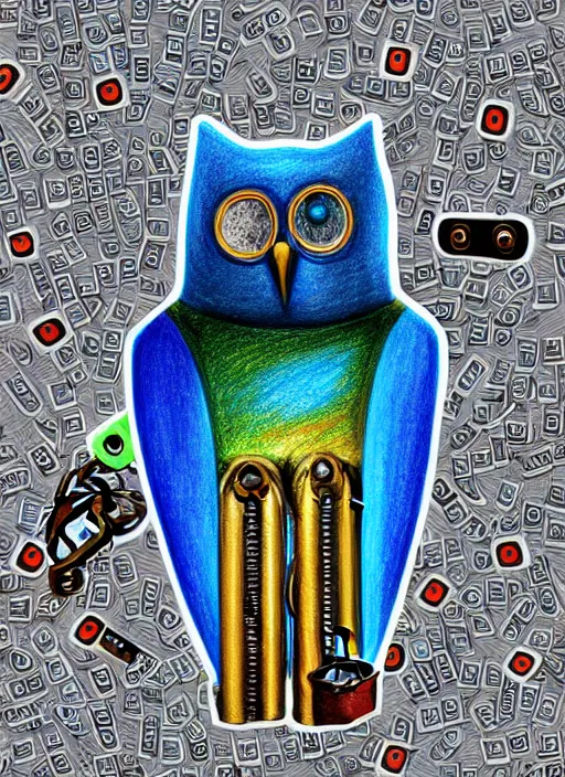 Image similar to colored pencil and pen drawing of an animatronic robot owl, bird made from rusty old keys and padlocks, space background, 8 k photorender realityengine