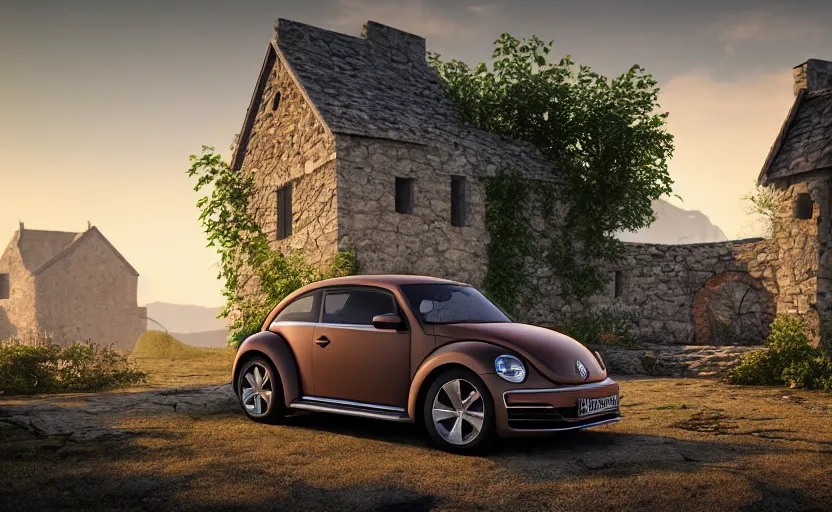 Image similar to a vw beetle parked near a small medieval stone house at sunrise, concept art, octane render, unreal engine 5, trending on artstation, high quality, 8 k, soft lighting, path traced, hyperrealistic, highly detailed, digital art, symmetrical, cinematic, high coherence, godrays