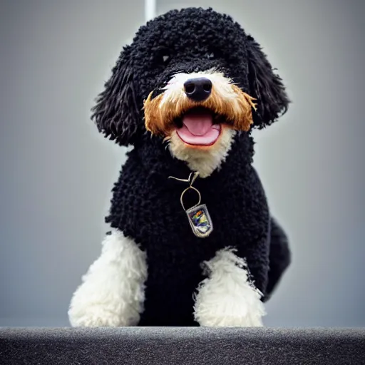 Image similar to a closeup photorealistic photograph of a cute smiling knitted bernedoodle judge dog dressed in a black gown, presiding over the courthouse. indoors, professional capture, well lit shot. this 4 k hd image is trending on artstation, featured on behance, well - rendered, extra crisp, features intricate detail, epic composition and the style of unreal engine.