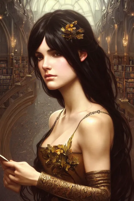 Prompt: a beautiful girl with dark hair and bangs, in a library, fantasy, intricate, elegant, highly detailed, digital painting, artstation, concept art, matte, sharp focus, illustration, art by Artgerm and Greg Rutkowski and Alphonse Mucha
