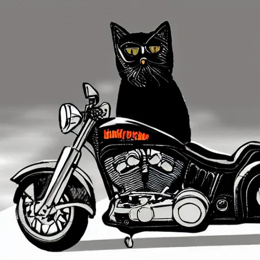 Prompt: a black cat with aviator goggles riding a Harley Davidson