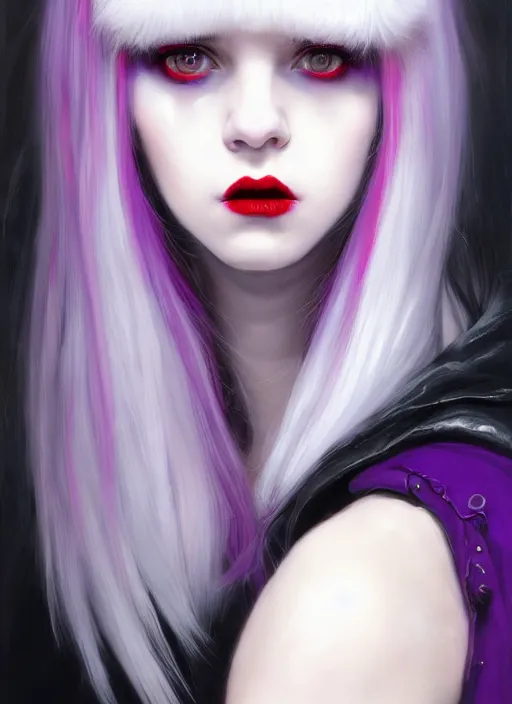 Image similar to portrait of white teenage girl, normal face, black bangs, mall goth, cyberlox, black and white hair, bangs, fluffy bangs, red contacts, purple lipstick, intricate, elegant, highly detailed, digital painting, artstation, concept art, sharp focus, smooth, illustration, art by wlop, mars ravelo and greg rutkowski