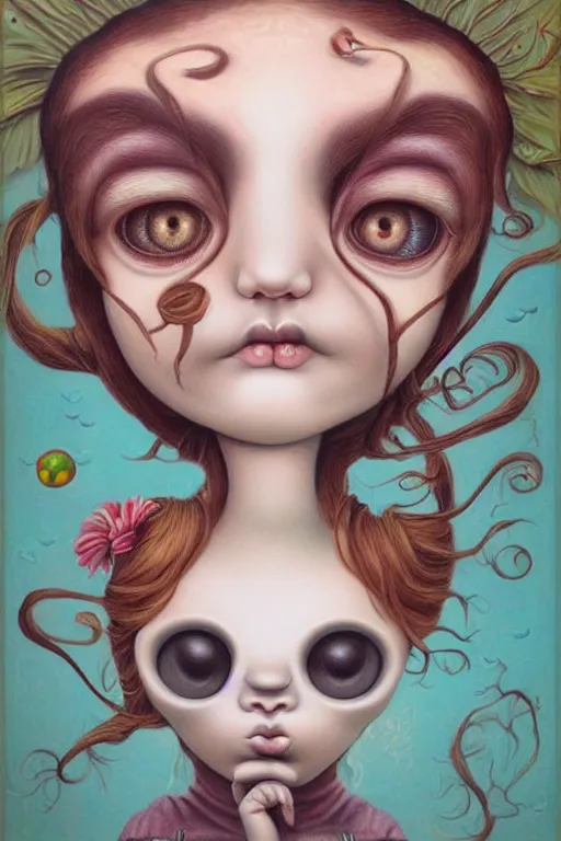 Image similar to pop surrealism, lowbrow art, realistic cute girl painting, hyper realism, muted colors, trevor brown, mark ryden style