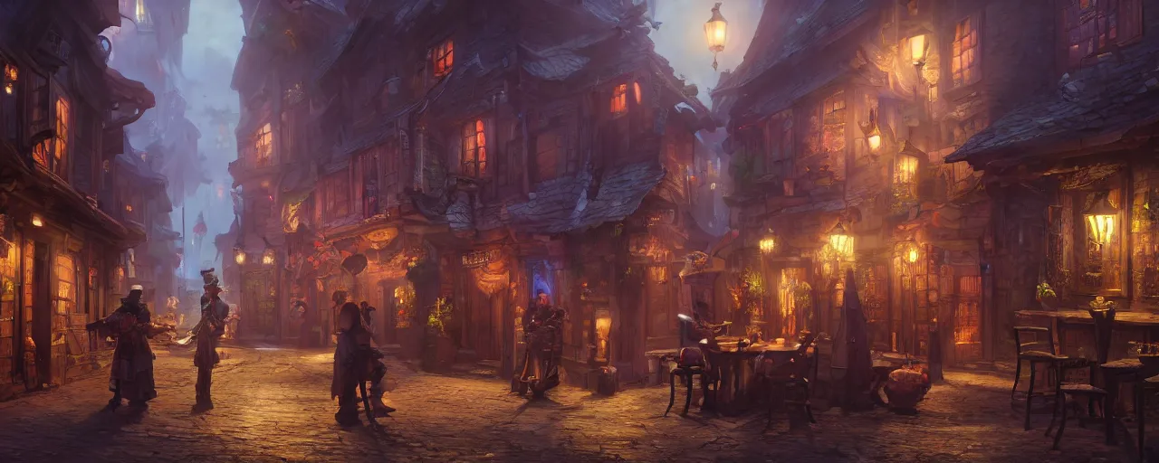Image similar to tavern bard infront of tiny, narrow dark streets with exotic dancers, exterior, two stories, vaporwave aesthetics, 8 k uhd, unreal engine, octane render in the artstyle of finnian macmanus, john park and greg rutkowski